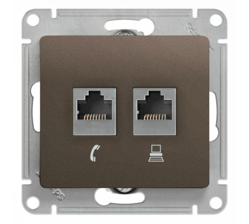 Розетка компьютерная + телефонная 2-м СП Glossa RJ45 + RJ11 кат.5E механизм шоколад SE GSL000885