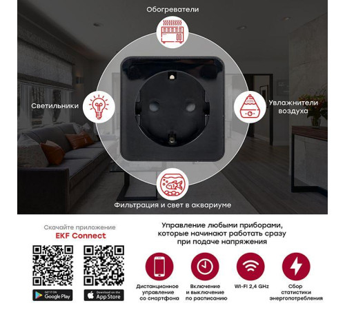 Розетка умная Wi-Fi PRO 1-м 16А IP20 черн. Connect EKF RCS-2-WF
