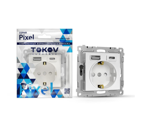 Розетка 1-м СП Pixel с заземл. с 2-мя заряд. устр. USB тип A+C IP20 механизм бел. TOKOV ELECTRIC TKE-PX-R1U2AC-C01