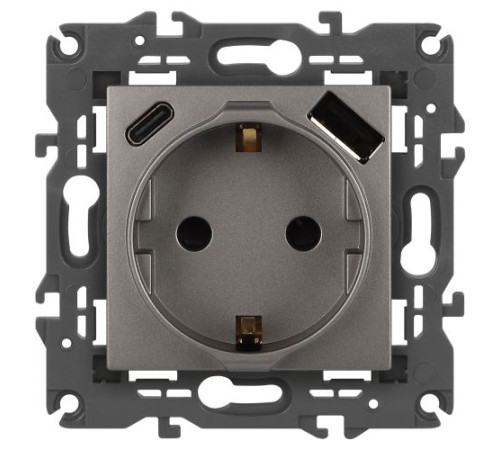 Розетка ЭРА Elegance 14-4108-16 2P+E 16A-250В со шторками с USB type-A+C 5В-3А титан Эра Б0067695