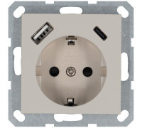 Розетка Shuko 16А с заземл. защ. шторки с 2-мя заряд. устройствами USB тип A+C 25Вт механизм тауп Jasmart G5501USB-25T
