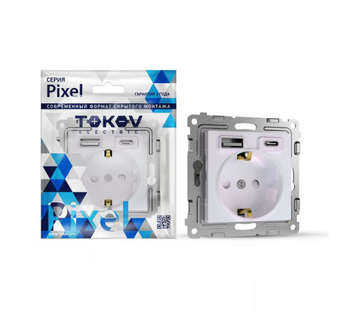 Розетка 1-м СП Pixel с заземл. с 2-мя заряд. устр. USB тип A+C IP20 механизм перламутр. TOKOV ELECTRIC TKE-PX-R1U2AC-C04