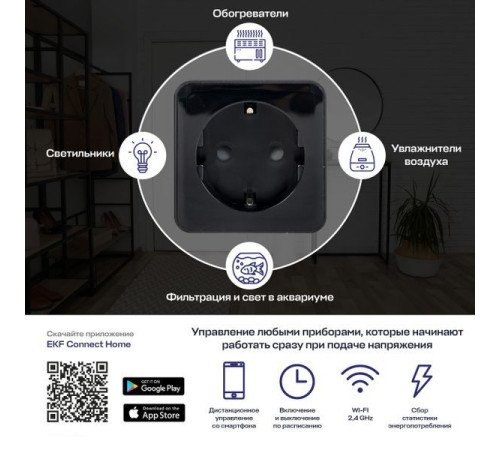 Розетка умная Wi-Fi PRO 1-м 16А IP20 черн. Connect EKF RCS-2-WF