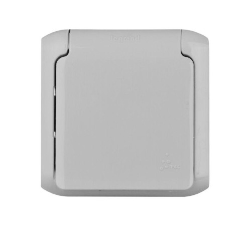 Розетка 1-м ОП Quteo 16А IP44 250В 2P+E с заземл. защ. шторки с крышкой сер. Leg 782351