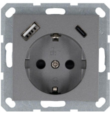 Розетка Shuko 16А с заземл. защ. шторки с 2-мя заряд. устройствами USB тип A+C 25Вт механизм алюм. Jasmart G5501USB-25S