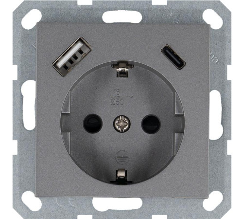 Розетка Shuko 16А с заземл. защ. шторки с 2-мя заряд. устройствами USB тип A+C 25Вт механизм алюм. Jasmart G5501USB-25S