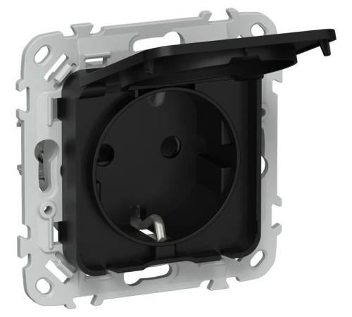 Розетка СП FLITE РСшкр11-1-44-ФлЧ 16А IP44 с заземл. с защ. шторками и крышкой безвинтовое крепление механизм черн. IEK FI-R16-16-1-44-K02