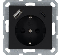 Розетка Shuko 16А с заземл. защ. шторки с 2-мя заряд. устройствами USB тип A+C 25Вт механизм черн. матов. soft touch Jasmart G5501USB-25PB