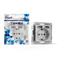 Розетка 1-м СП Pixel с заземл. с 2-мя заряд. устр. USB тип A+A механизм алюм. TOKOV ELECTRIC TKE-PX-R1U2A-C03