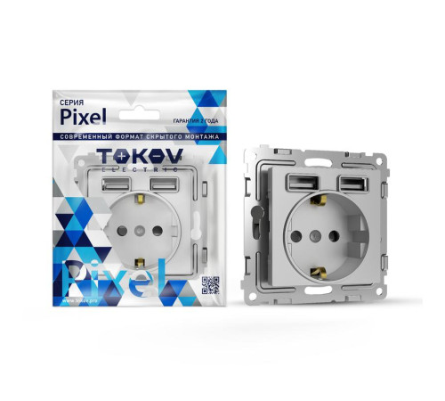 Розетка 1-м СП Pixel с заземл. с 2-мя заряд. устр. USB тип A+A механизм алюм. TOKOV ELECTRIC TKE-PX-R1U2A-C03