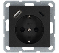 Розетка Shuko 16А с заземл. защ. шторки с 2-мя заряд. устройствами USB тип A+C 25Вт механизм антрацит Jasmart G5501USB-25B