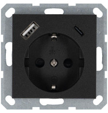 Розетка Shuko 16А с заземл. защ. шторки с 2-мя заряд. устройствами USB тип A+C 25Вт механизм антрацит Jasmart G5501USB-25B