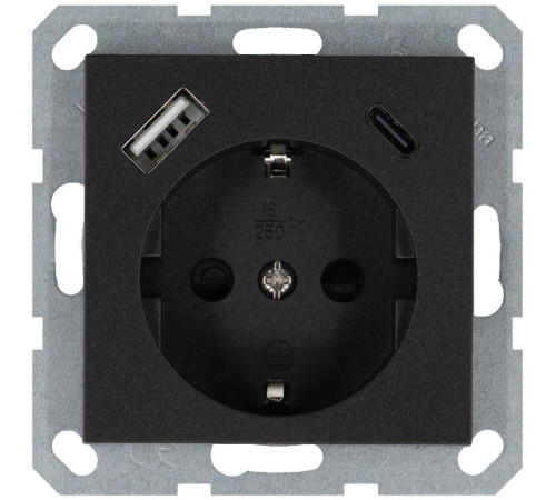 Розетка Shuko 16А с заземл. защ. шторки с 2-мя заряд. устройствами USB тип A+C 25Вт механизм антрацит Jasmart G5501USB-25B