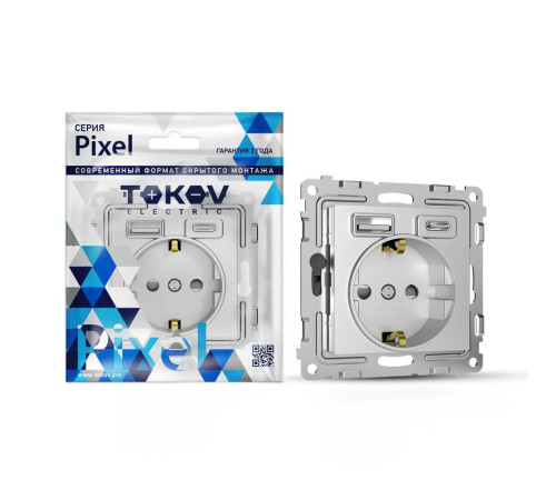 Розетка 1-м СП Pixel с заземл. с 2-мя заряд. устр. USB тип A+C IP20 механизм алюм. TOKOV ELECTRIC TKE-PX-R1U2AC-C03