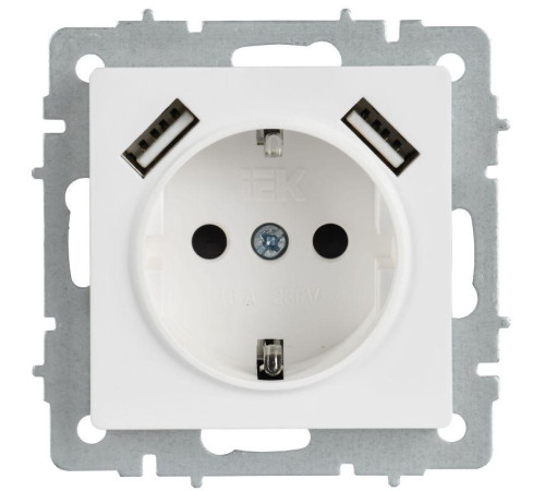 Розетка BRITE РЮш10-1-БрАБ 16А с USB A+A 2.1А с заземл. защ. шторки механизм арктич. бел. IEK BR-R14-16-U21-D21-K91