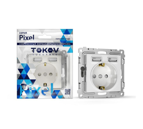 Розетка 1-м СП Pixel с заземл. с 2-мя заряд. устр. USB тип A+A IP20 механизм бел. TOKOV ELECTRIC TKE-PX-R1U2A-C01