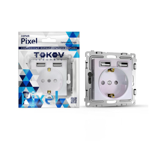 Розетка 1-м СП Pixel с заземл. с 2-мя заряд. устр. USB тип A+A IP20 механизм перламутр. TOKOV ELECTRIC TKE-PX-R1U2A-C04