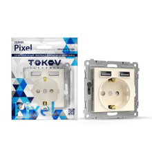 Розетка 1-м СП Pixel с заземл. с 2-мя заряд. устр. USB тип A+A механизм беж. TOKOV ELECTRIC TKE-PX-R1U2A-C02