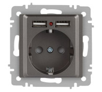 Розетка Accent 6-410-09 P+E Schuko со шторками 16А-250В + 2хUSB IP20 СУ титан Intro Б0063711