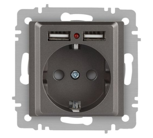 Розетка Accent 6-410-09 P+E Schuko со шторками 16А-250В + 2хUSB IP20 СУ титан Intro Б0063711