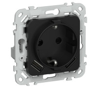 Розетка 1-м СП FLITE РСЮша11-1-ФлЧ 16А с USB A+A 3.1А с заземл. с защ. шторками безвинтовое крепление механизм черн. IEK FI-R14-16-1-U21-D31-K02