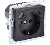 Розетка BRITE РЮш11-1-БрЧ 16А с USB A+C 18Вт с заземл. защ. шторки черн. IEK BR-R14-16-U22-018-K02