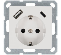 Розетка Shuko 16А с заземл. защ. шторки с 2-мя заряд. устройствами USB тип A+C 25Вт механизм бел. глянцевый Jasmart G5501USB-25W