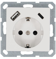 Розетка Shuko 16А с заземл. защ. шторки с 2-мя заряд. устройствами USB тип A+C 25Вт механизм бел. глянцевый Jasmart G5501USB-25W