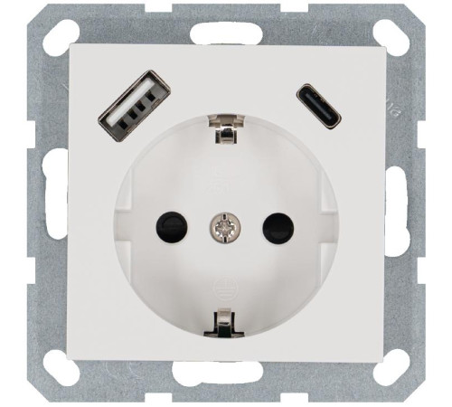 Розетка Shuko 16А с заземл. защ. шторки с 2-мя заряд. устройствами USB тип A+C 25Вт механизм бел. глянцевый Jasmart G5501USB-25W