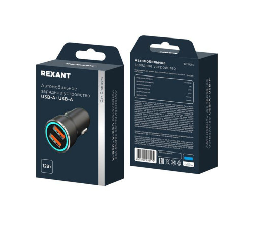 Устройство зарядное автомобильное c двумя портами (USB-A + USB-A) c LED-подсветкой 12Вт Rexant 18-2242-5