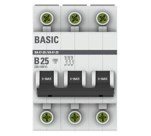 Выключатель автоматический модульный 3п B 25А 4.5кА ВА 47-29 Basic EKF mcb4729-3-25-B