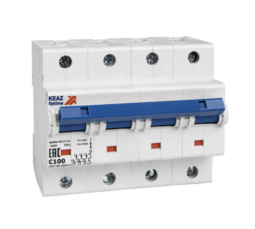 Выключатель автоматический модульный 4п (3P+N) C 100А 6кА OptiDin BM125-4NC100-8ln-УХЛ3 КЭАЗ 138593 Выключатель автоматический модульный 4п (3P+N) C 100А 6кА OptiDin BM125-4NC100-8ln-УХЛ3 КЭАЗ 138593